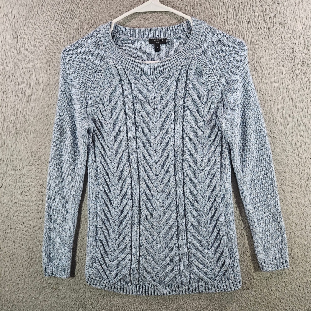 Talbots Blue White Marled Cable Knit Cotton Sweater Petite P